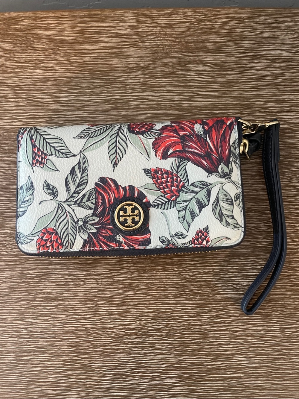Tory Burch Floral Zip Wristlet in White, Red and Black